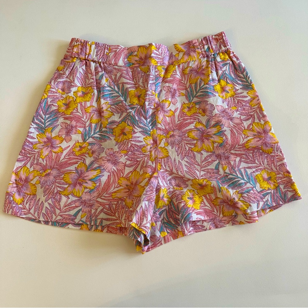 Draper James Pink Floral High Waist Shorts with Yellow Flowers